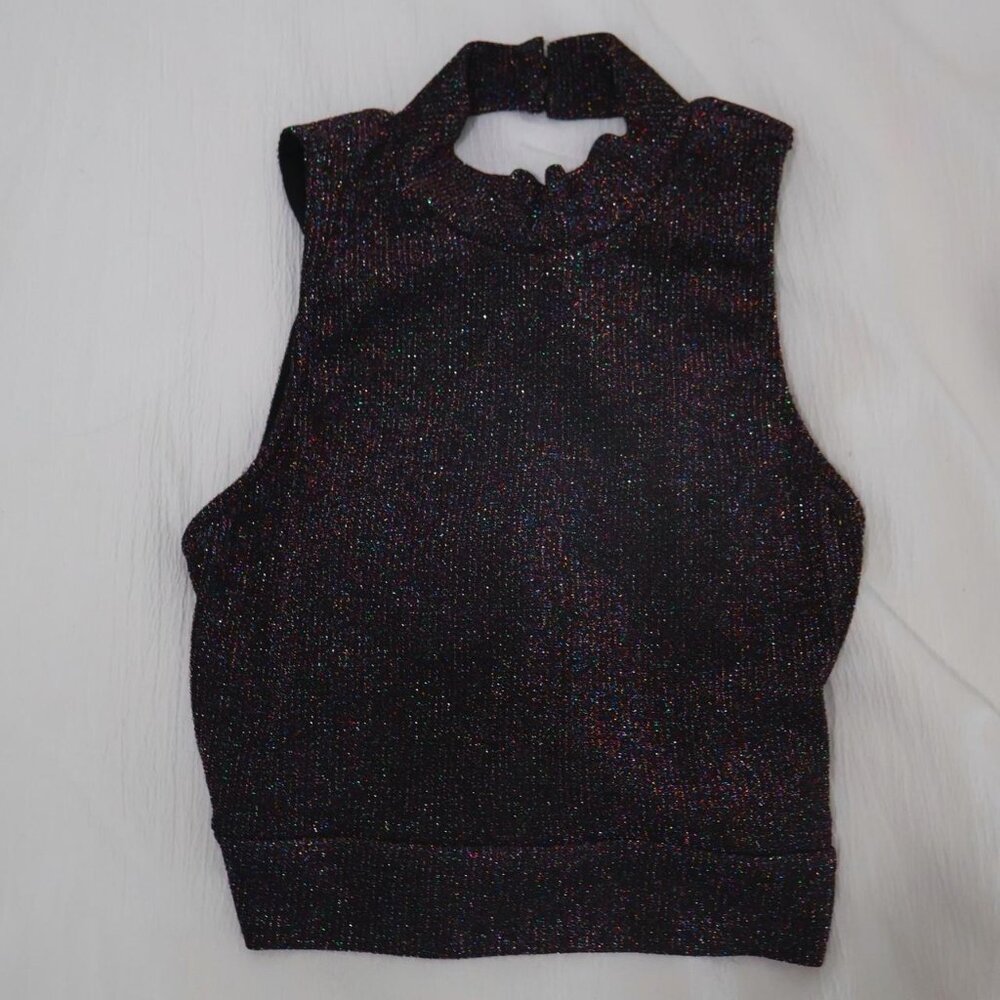 Lulus Women's Black/Multi-colored Glitter Halter Crop Top with Tie Back
